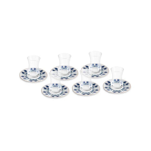 Karaca İznik 12-delige 6 Persoons Turkse Theeset 130 ml – Bone China, Blauw