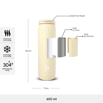 Karaca Rimo 600 ml Stalen Thermosfles – Lekvrij, 8 Uur Warm, 6 Uur Koud, Crème