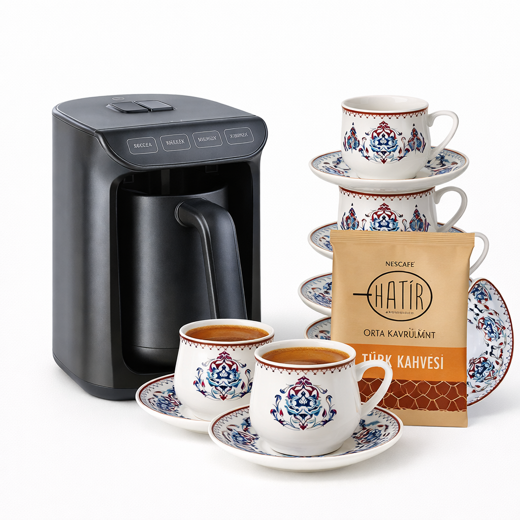 Karaca Hatır Köz Turkse Koffiemachine Antraciet – 5 Kopjes Capaciteit, Rijkelijk Schuimend, 535W | 6 Persoons Kopjes Set en 100 gr Karaca Hatır Koffie Cadeau