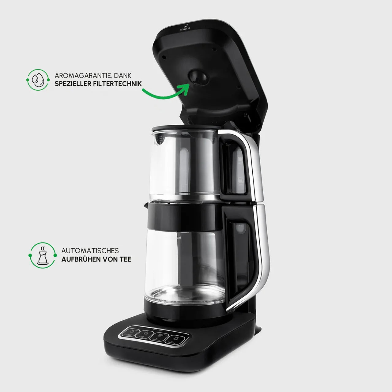 Karaca Çaysever Robotea Pro 4’ü 1 Arada Konuşan Otomatik Çay Makinesi, Su Isıtıcı ve Filtre Kahve Makinesi 2500W Siyah Krom