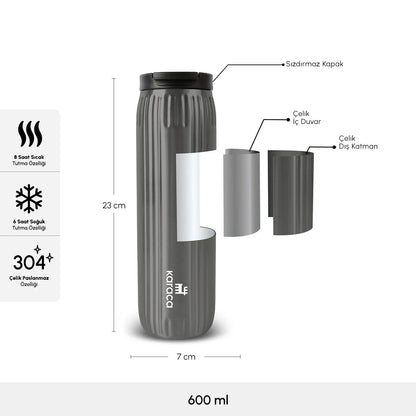 Karaca Rimo 600 ml Steel Thermos – Leakproof, 8 Hours Hot, 6 Hours Cold, Anthracite