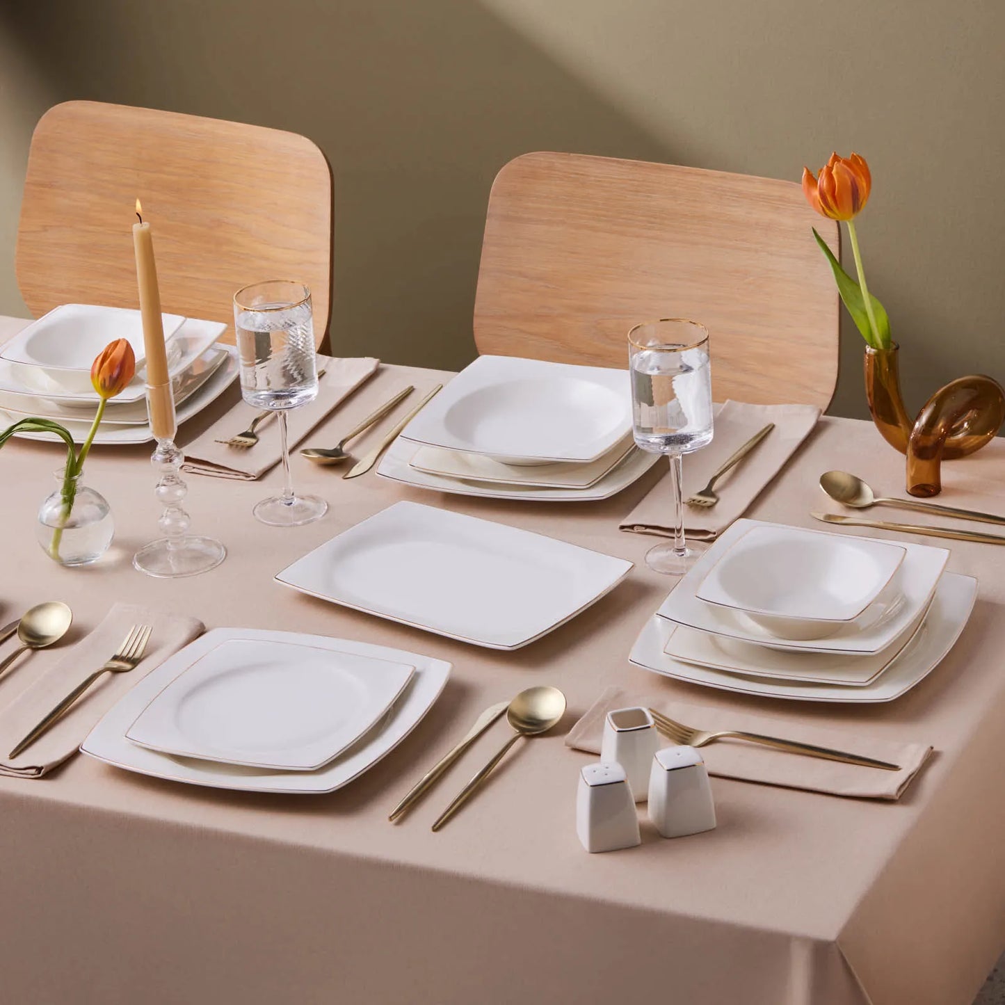 Karaca Square Bone Vesta 53 Piece Square Form Bone Dinner Set for 12 People – Gold