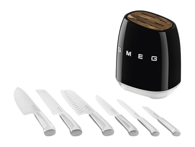 SMEG KBSF02BL Black 6-Piece Knife Set with Messenblok – German Steel, Acacia Wood Slots, 50's Retro Design