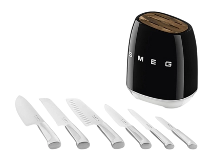 SMEG KBSF02BL Black 6-Piece Knife Set with Messenblok – German Steel, Acacia Wood Slots, 50's Retro Design