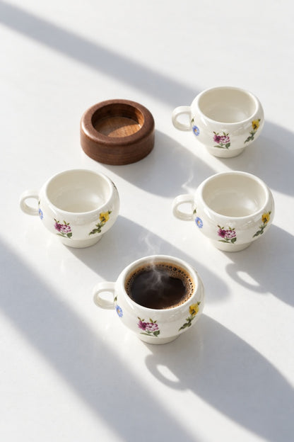 Petit Fleur 4-Piece Porcelain Mug Set with Bamboo Stand – Elegant Mug Set