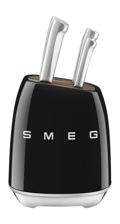 SMEG KBSF02BL Black 6-Piece Knife Set with Messenblok – German Steel, Acacia Wood Slots, 50's Retro Design