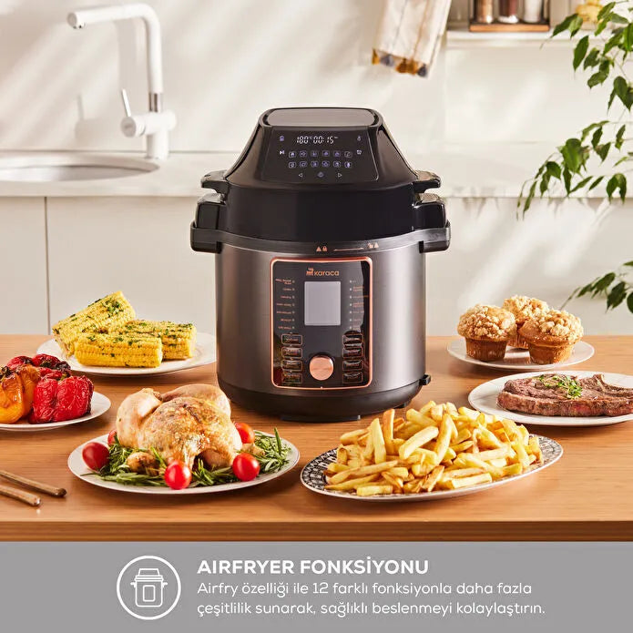 Karaca Cooker 2’si 1 Arada 6 L Akıllı Elektrikli Düdüklü Tencere & Airfryer – Mat Siyah