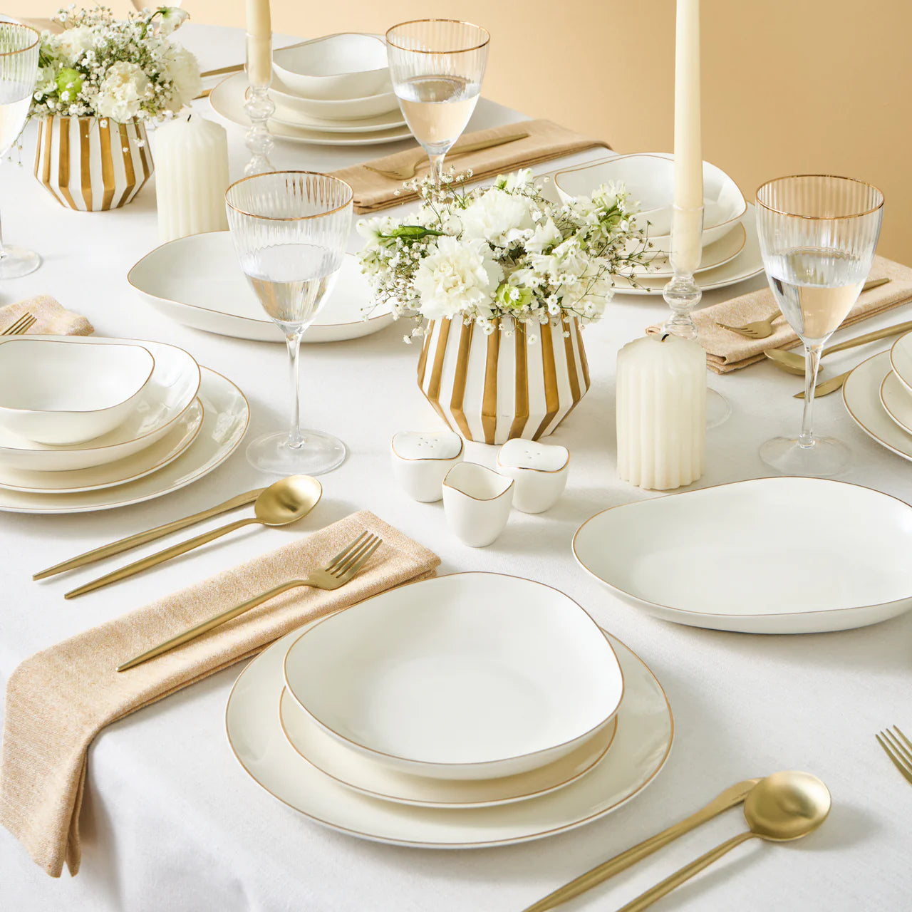 Karaca Stream Bone Middle 53 Piece Dinner Set for 12 People – Gold