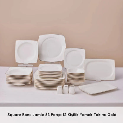 Karaca Square Bone Vesta 53 Piece Square Form Bone Dinner Set for 12 People – Gold