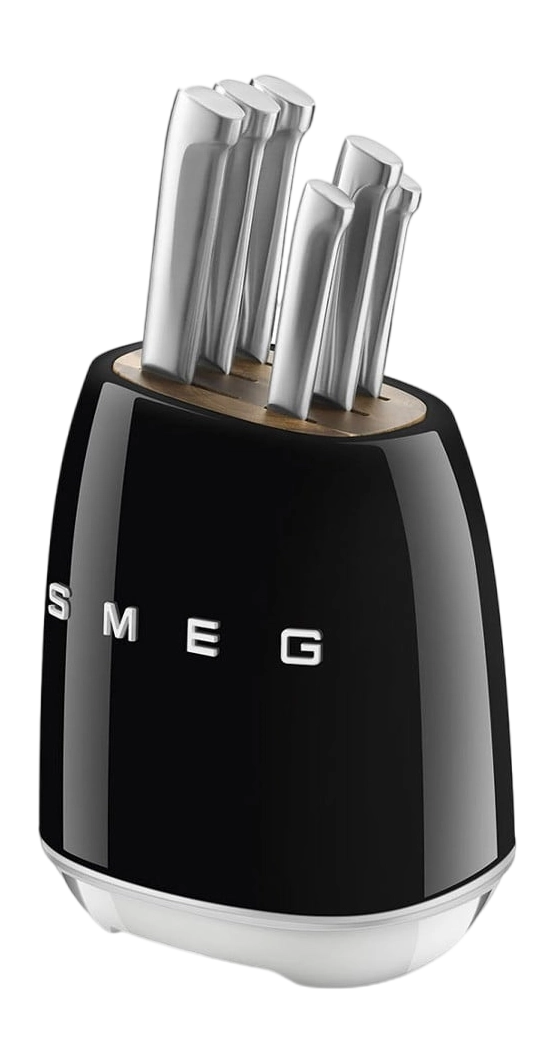 SMEG KBSF02BL Black 6-Piece Knife Set with Messenblok – German Steel, Acacia Wood Slots, 50's Retro Design