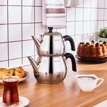 Karaca Kayra Siyah Çaydanlık Takımı 1L + 1.75L – Çelik, İndüksiyon Uyumlu, 2 Yıl Garantili