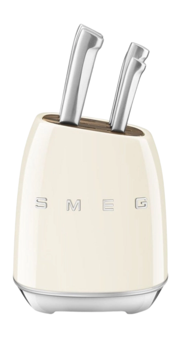 SMEG KBSF02CR Cream 6-Piece Knife Set with Messenblok – German Steel, Acacia Wood Slots, Retro 50's Design