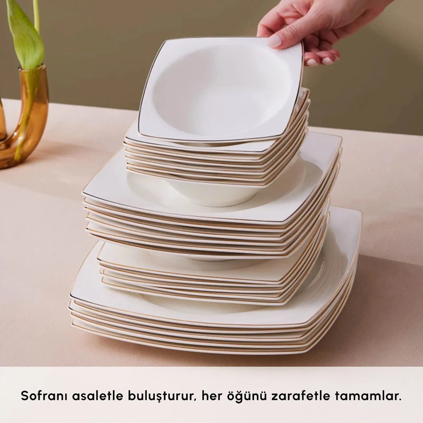 Karaca Square Bone Vesta 53 Piece Square Form Bone Dinner Set for 12 People – Gold