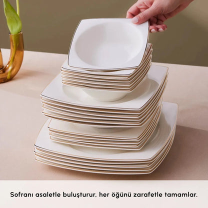 Karaca Square Bone Vesta 53 Piece Square Form Bone Dinner Set for 12 People – Gold