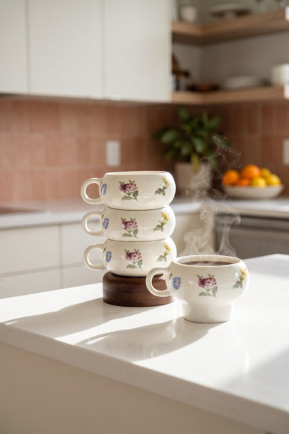 Petit Fleur 4-Piece Porcelain Mug Set with Bamboo Stand – Elegant Mug Set