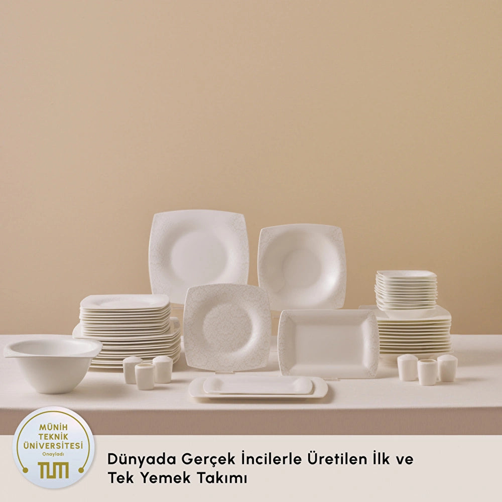 Karaca Fine Pearl Helen 58-delige Vierkante Servies set voor 12 personen – Elegante tafelset
