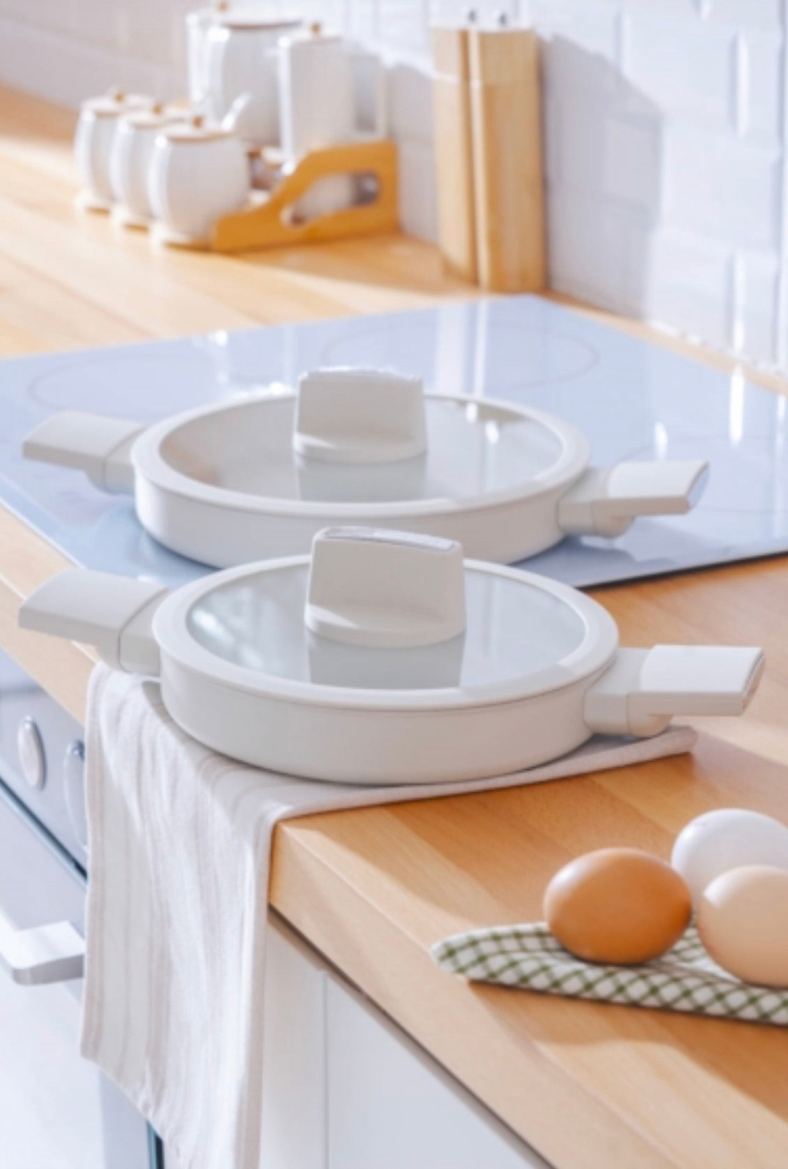 Acar Ultimate Pro Koekenpan Set met Siliconen Deksel 2-delig – 20 cm & 24 cm, Keramische Coating, Crème