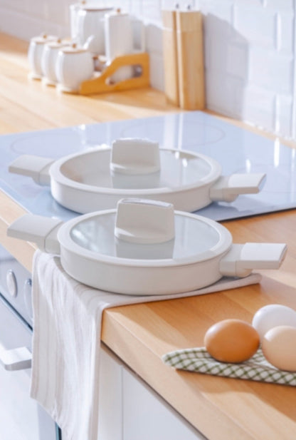 Acar Ultimate Pro Koekenpan Set met Siliconen Deksel 2-delig – 20 cm & 24 cm, Keramische Coating, Crème