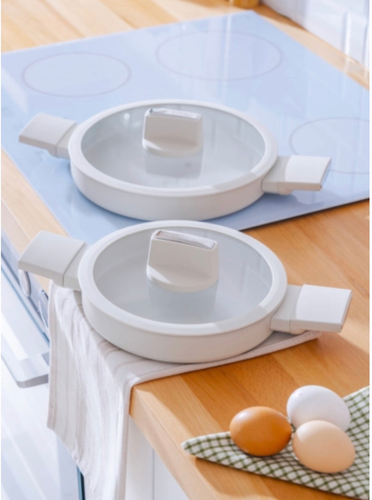 Acar Ultimate Pro Koekenpan Set met Siliconen Deksel 2-delig – 20 cm & 24 cm, Keramische Coating, Crème