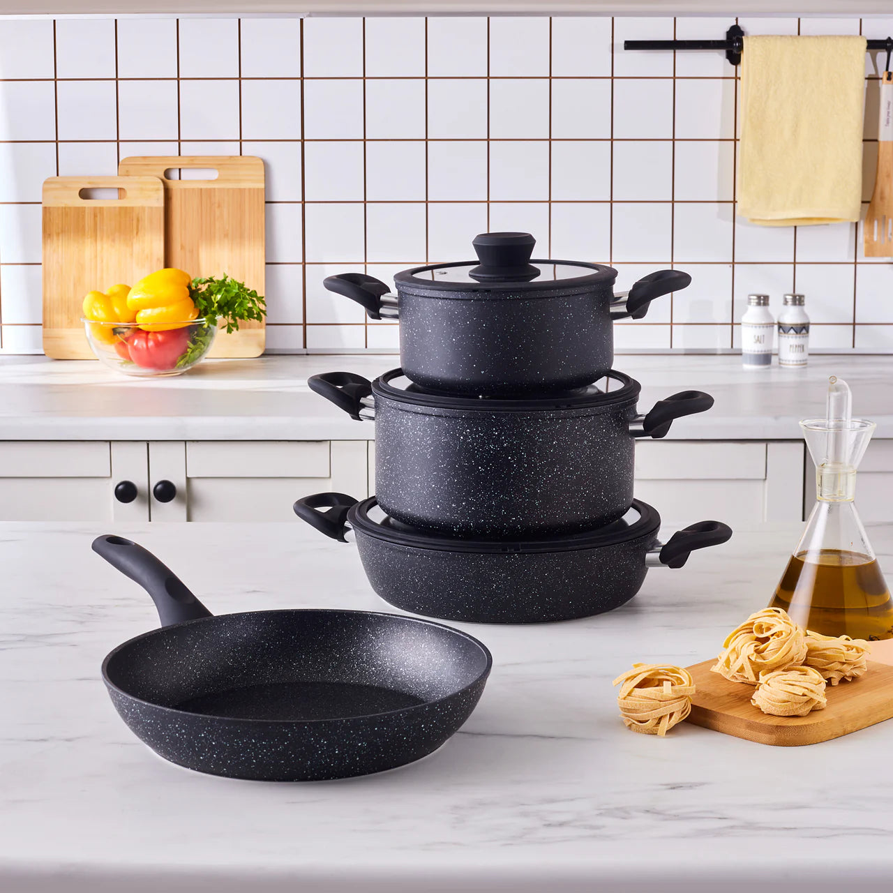 Karaca Nebula 7 Piece Granite Cookware Set, Induction Compatible, Black