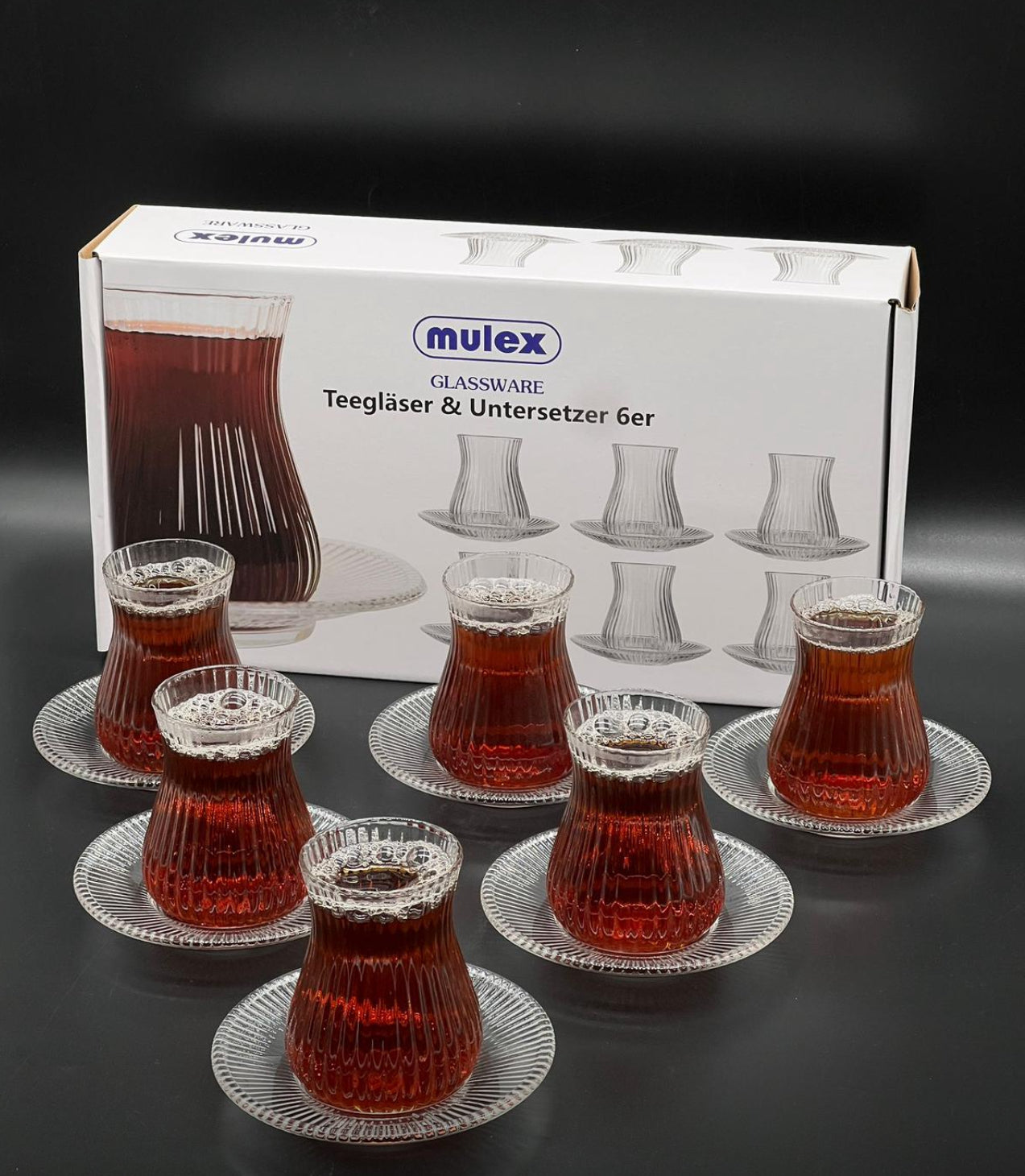 Mulex Cam Çay Bardağı ve Tabak Seti – 6 Kişilik (12 Parça)