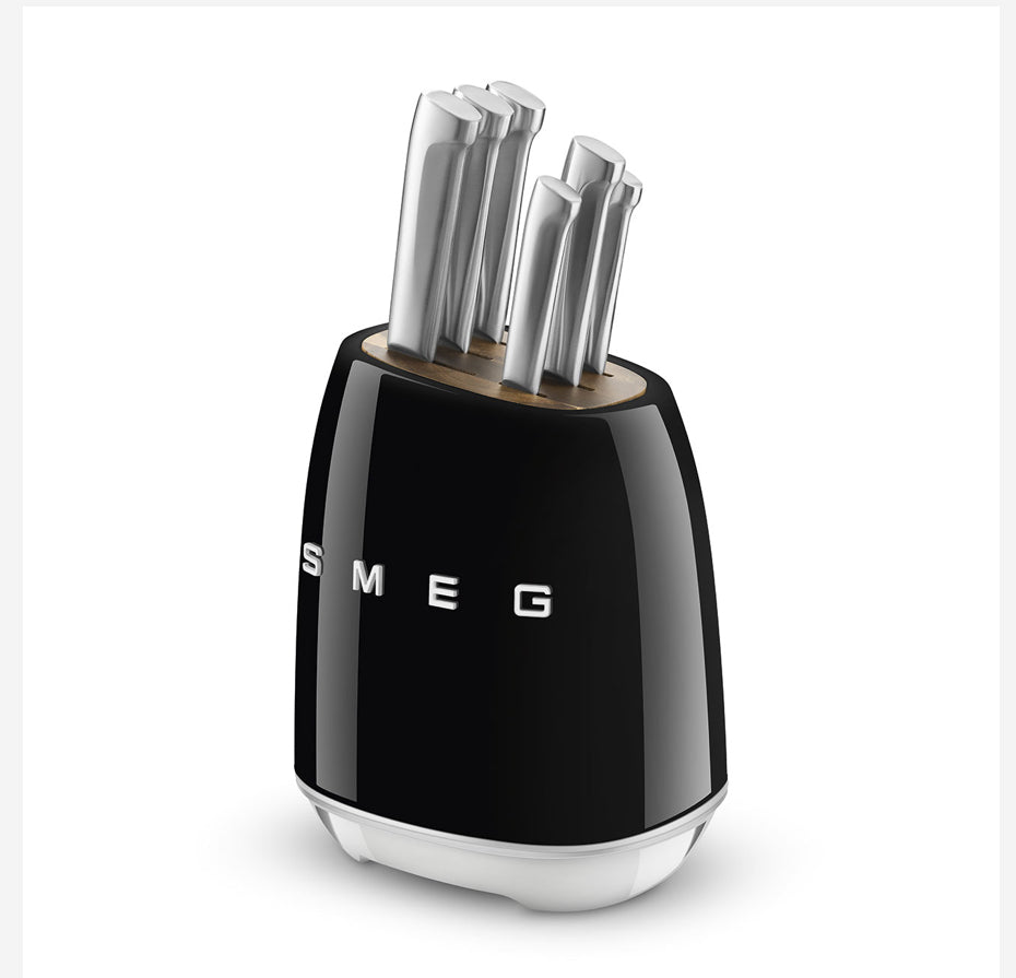 SMEG KBSF02BL Black 6-Piece Knife Set with Messenblok – German Steel, Acacia Wood Slots, 50's Retro Design