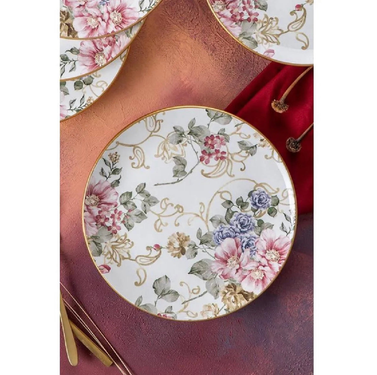 Acar 19 cm Çiçek Desenli Gold Detaylı Pasta Tabağı – Porselen