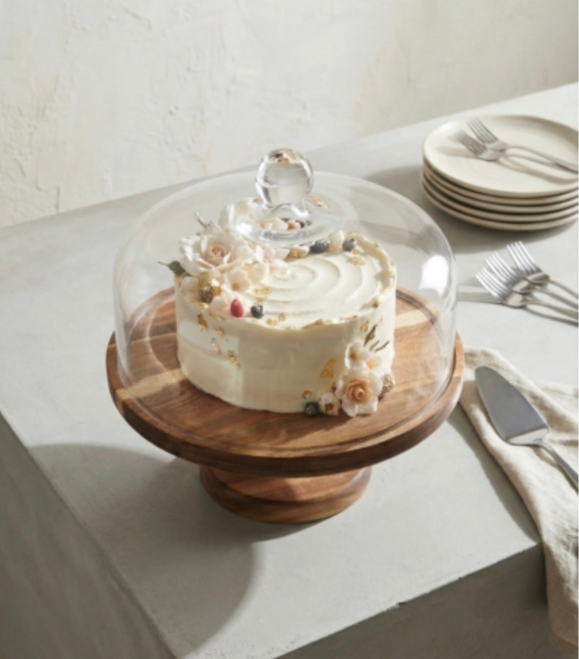 Acar Arlina Acaciahouten Voetstuk Taartstandaard 26 cm met Glazen Deksel