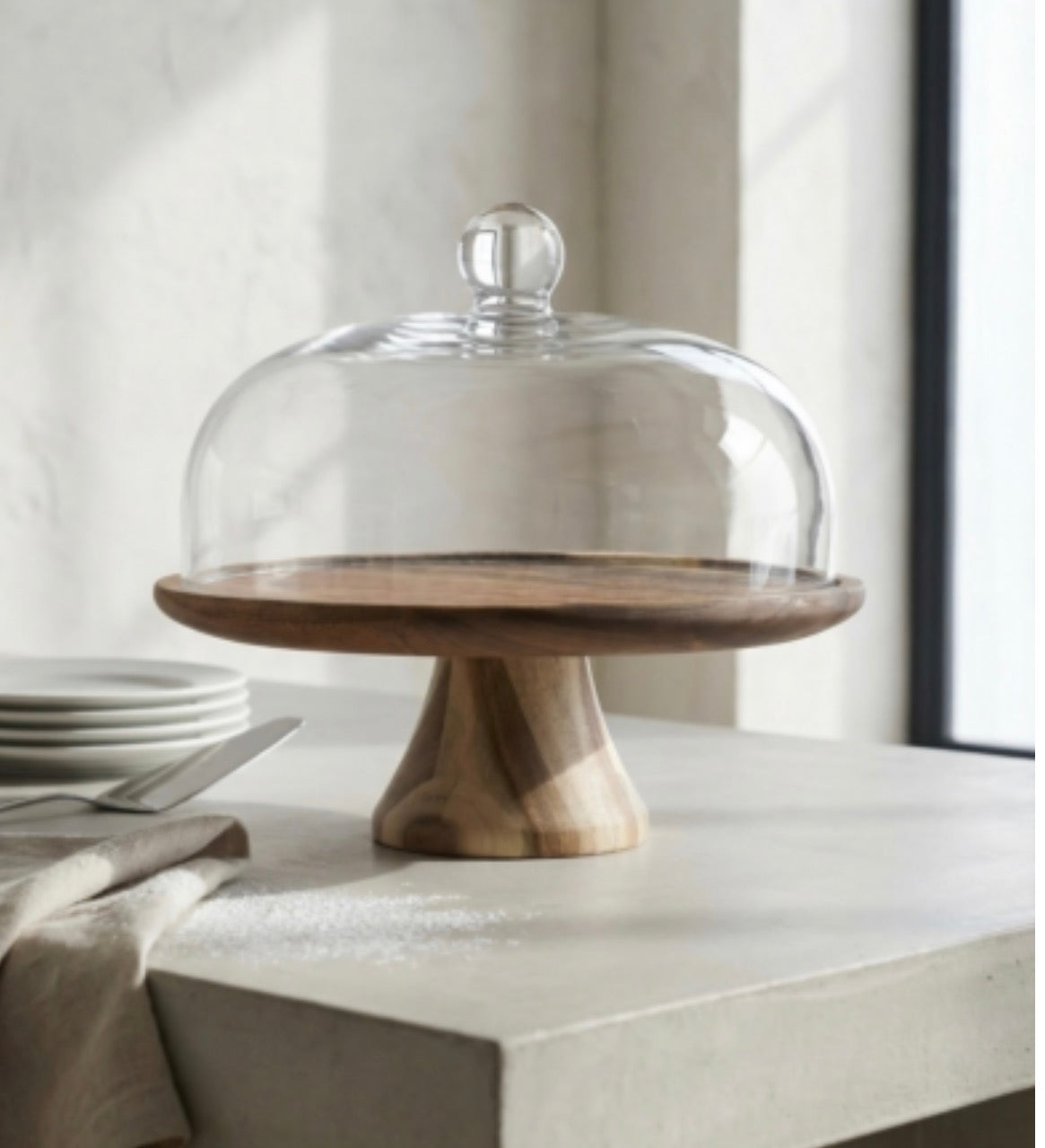 Acar Arlina Acacia Footed Cake Stand 26 cm with Glass Cover