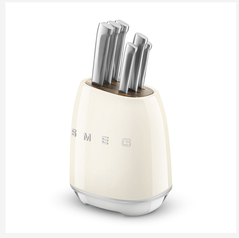 SMEG KBSF02CR Cream 6-Piece Knife Set with Messenblok – German Steel, Acacia Wood Slots, Retro 50's Design