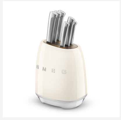 SMEG KBSF02CR Cream 6-Piece Knife Set with Messenblok – German Steel, Acacia Wood Slots, Retro 50's Design
