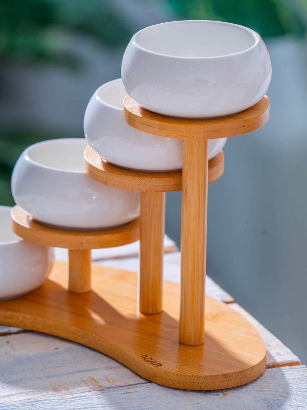 Acar Pamira 4-delige Porseleinen Kom Set 8,5 cm met Bamboe Standaard