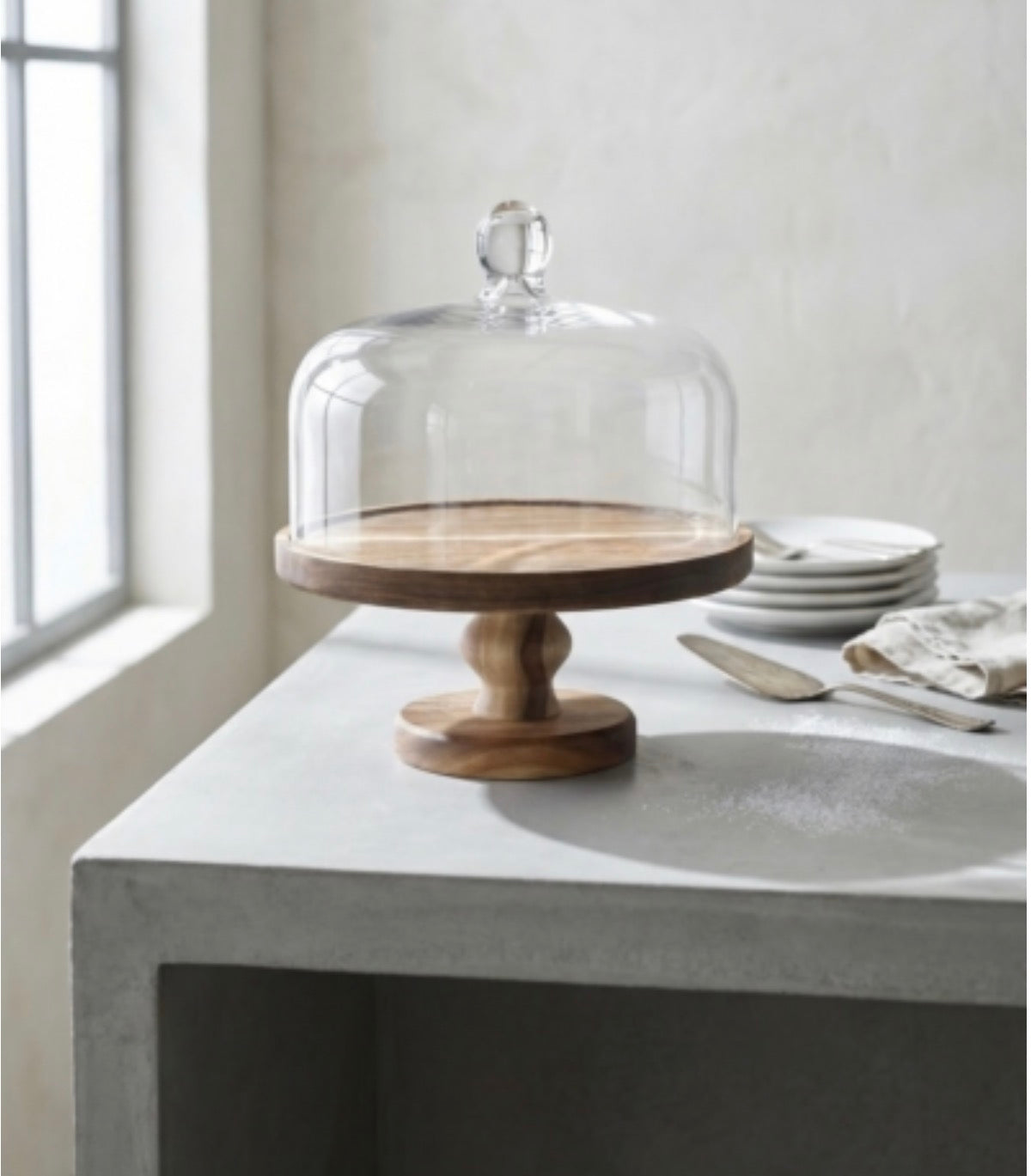 Acar Arlina Acacia Footed Cake Stand 27 cm with Glass Cover