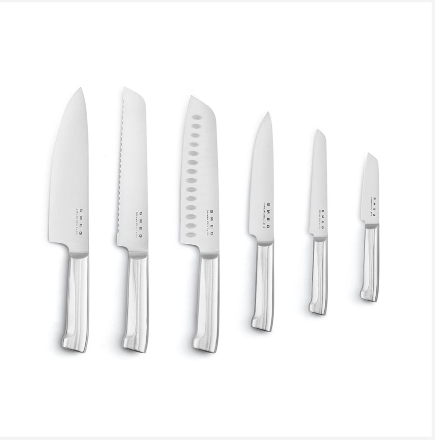 SMEG KBSF02CR Cream 6-Piece Knife Set with Messenblok – German Steel, Acacia Wood Slots, Retro 50's Design