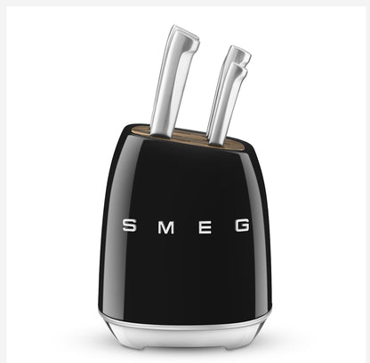 SMEG KBSF02BL Black 6-Piece Knife Set with Messenblok – German Steel, Acacia Wood Slots, 50's Retro Design