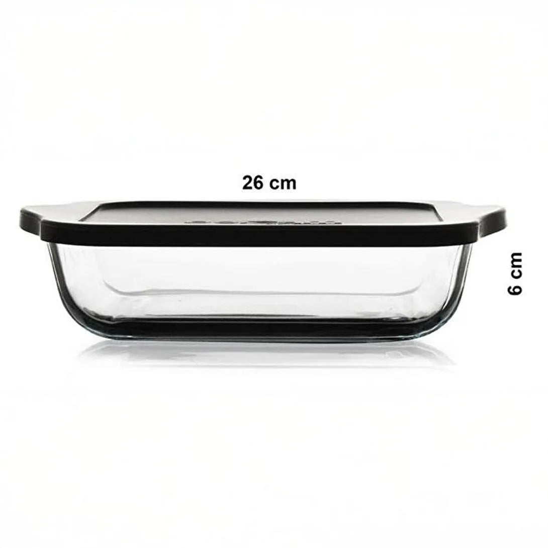 Paşabahçe Borcam Square Oven Dish 1950 cc – Gray / Black Lid Glass Storage Container (59034)