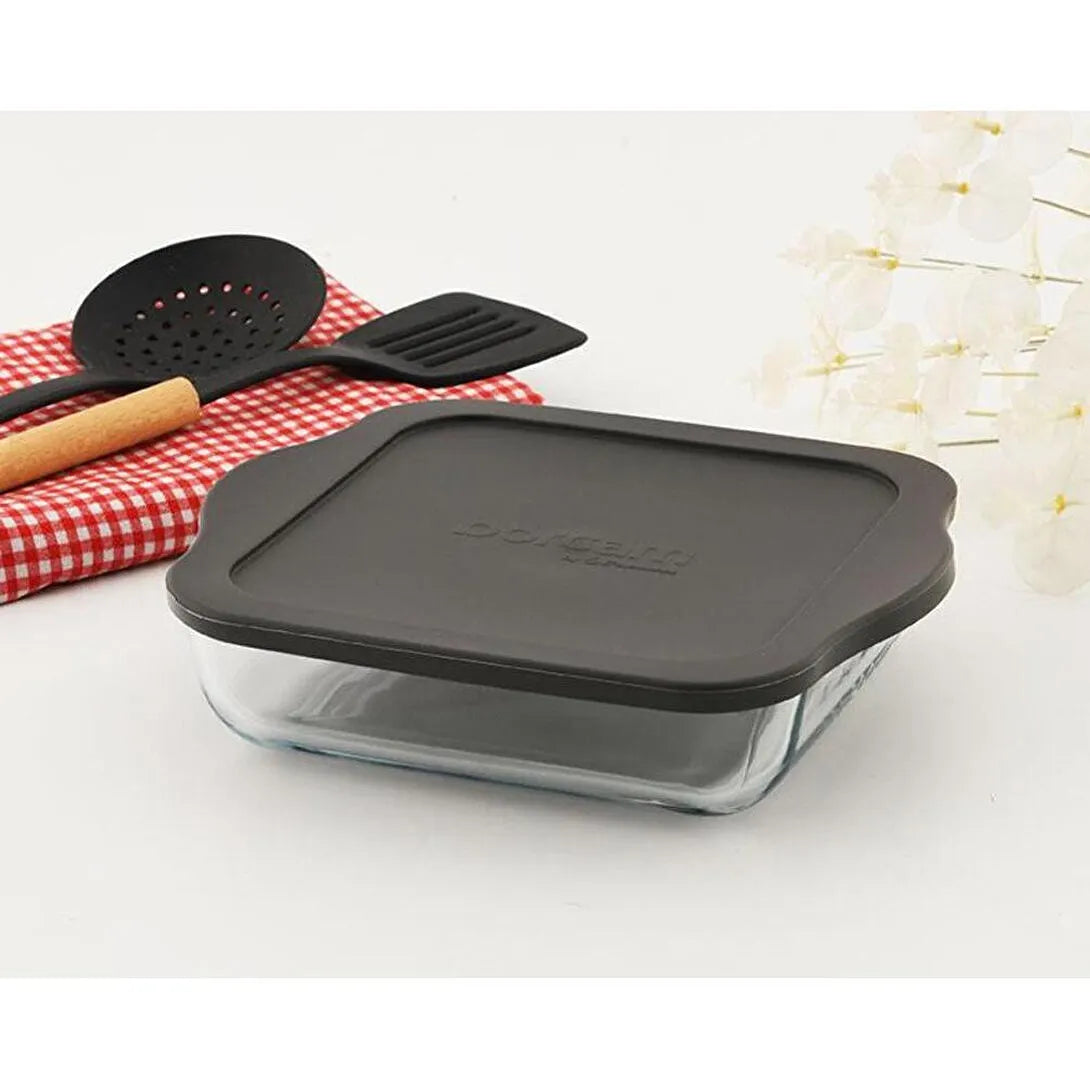 Paşabahçe Borcam Square Oven Dish 1950 cc – Gray / Black Lid Glass Storage Container (59034)
