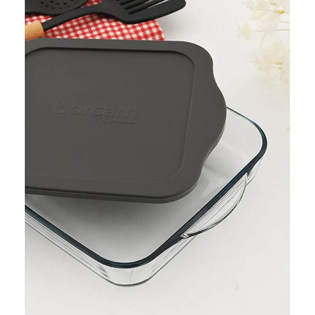 Paşabahçe Borcam Square Oven Dish 1950 cc – Gray / Black Lid Glass Storage Container (59034)