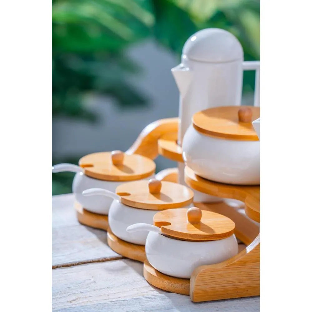 Pamira 6’lı Porselen Yağlık, Sirkelik ve Baharatlık Seti – Bambu Standlı-Sofra ürünleri-Prenseshome Leyweg-Prenseshome Leyweg