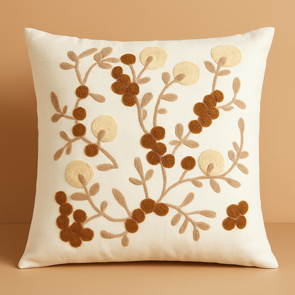 Botanic Touch Nakışlı Dekoratif Yastık Kılıfı – 45x45 cm-Oturma odasi-Prenseshome Leyweg-Kahve & Bej-Prenseshome Leyweg