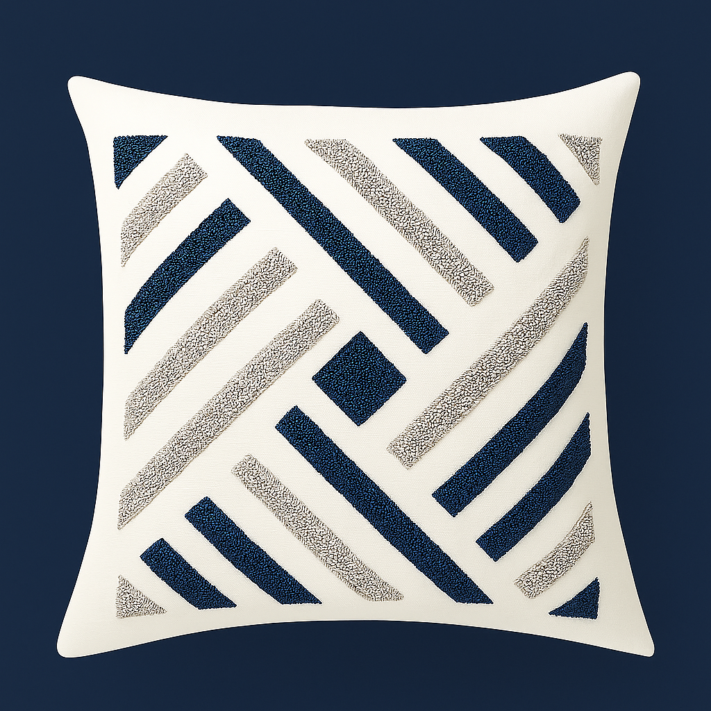 Geometrik Nakışlı Dekoratif Yastık Kılıfı – 45x45 cm-Prenseshome Leyweg-Lacivert & Gri-Prenseshome Leyweg