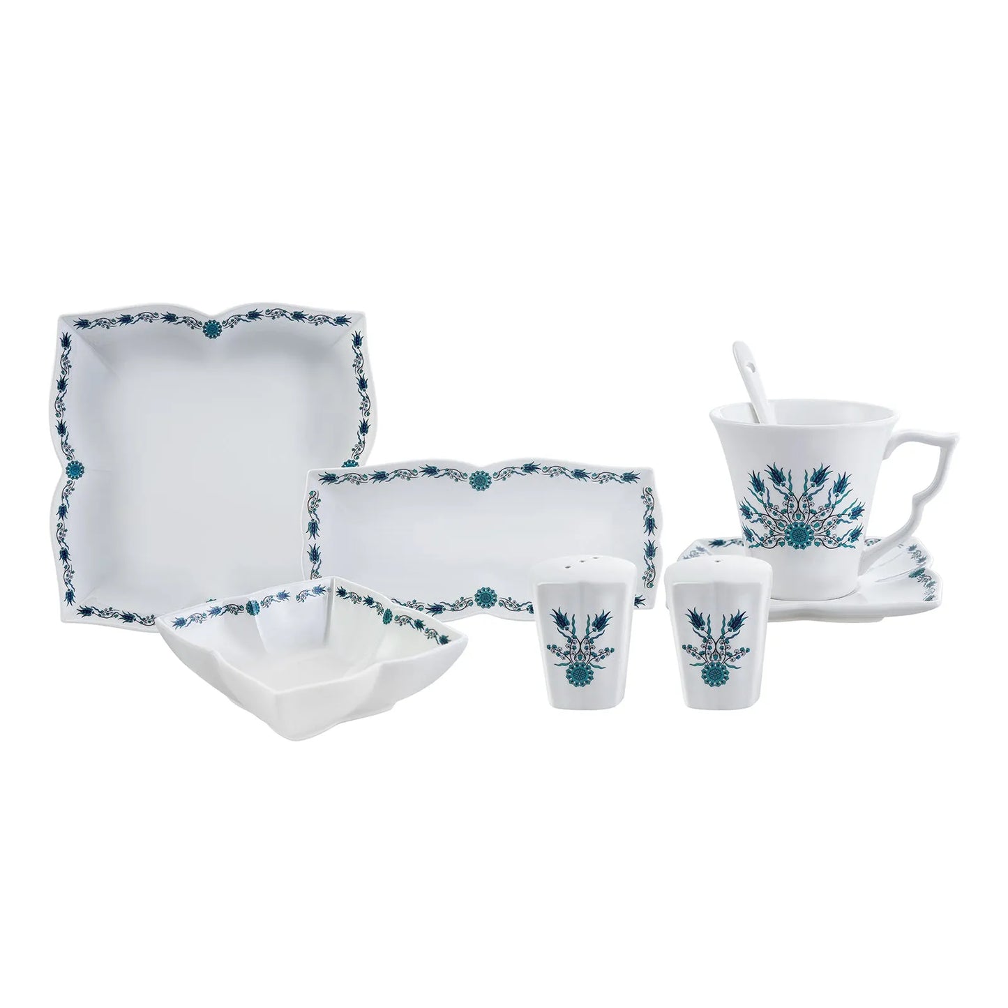 Karaca İznik 32 Parça Kahvaltı Takımı – 6 Kişilik Kare Desenli Porselen Set-Sofra ürünleri-Prenseshome Leyweg-Prenseshome Leyweg