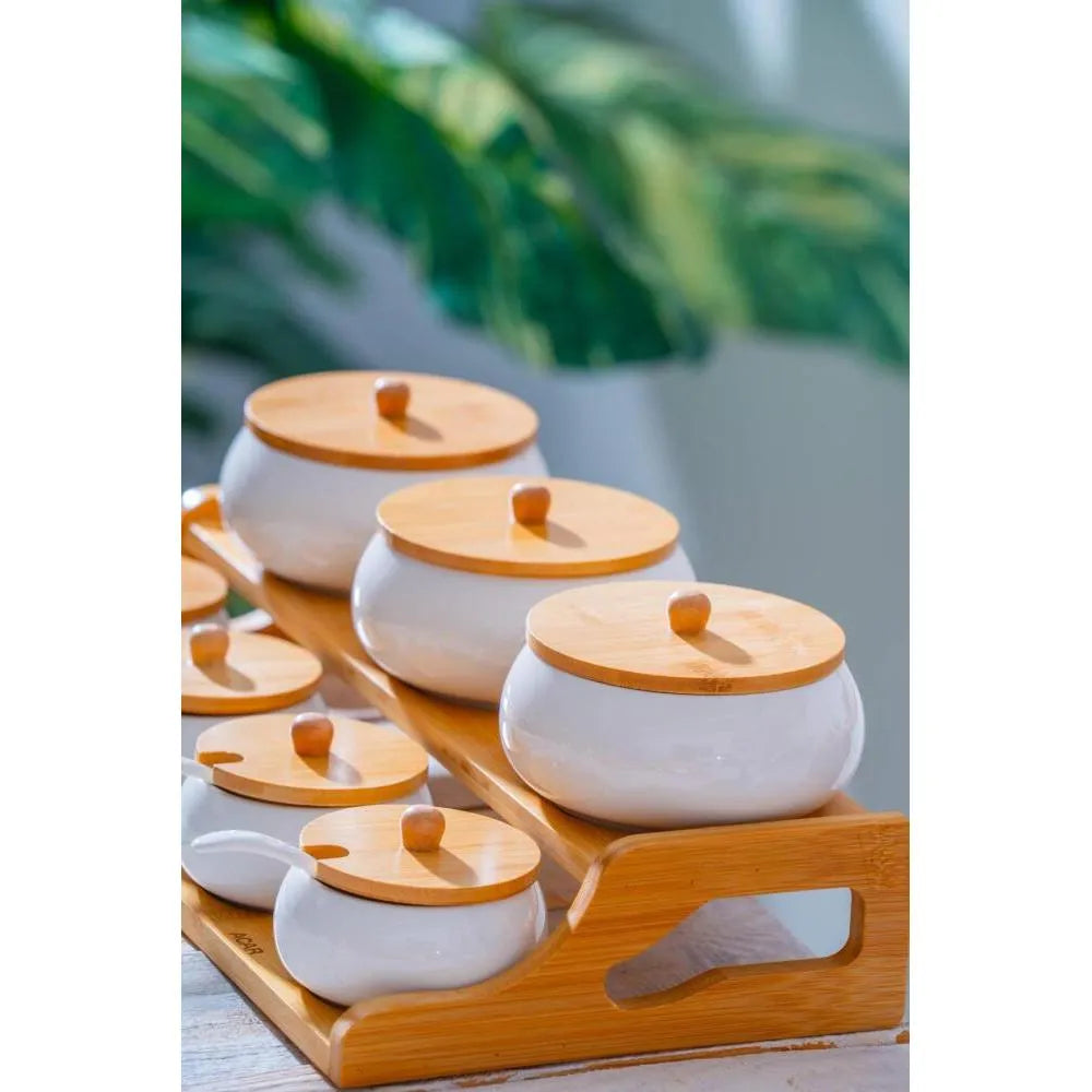 7 Parça Porselen Baharat Takımı Bambu Standlı-Sofra ürünleri-Prenseshome Leyweg-Prenseshome Leyweg