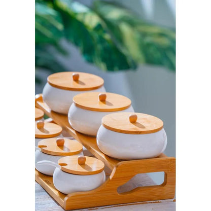 7 Parça Porselen Baharat Takımı Bambu Standlı-Sofra ürünleri-Prenseshome Leyweg-Prenseshome Leyweg