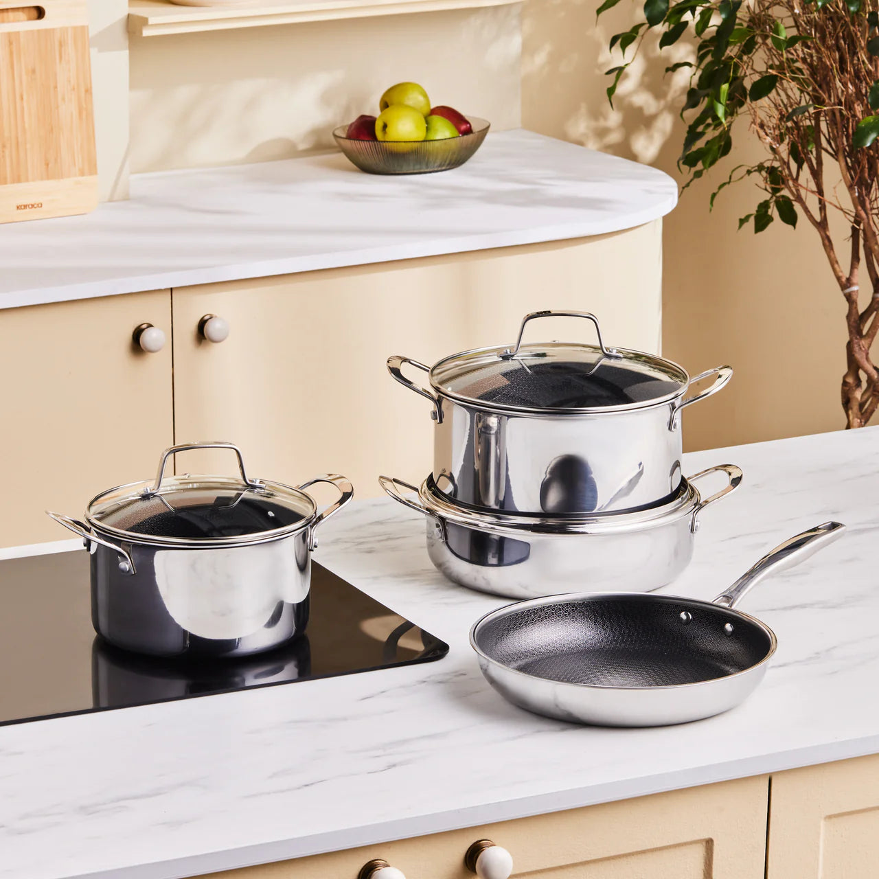 Karaca Ceramica Steel 3-Ply RVS Tencere Seti – Seramik Kaplama, Paslanmaz Çelik, İndüksiyon Uyumlu, 8 Parça-mutfak urunleri-Prenseshome Leyweg-Prenseshome Leyweg