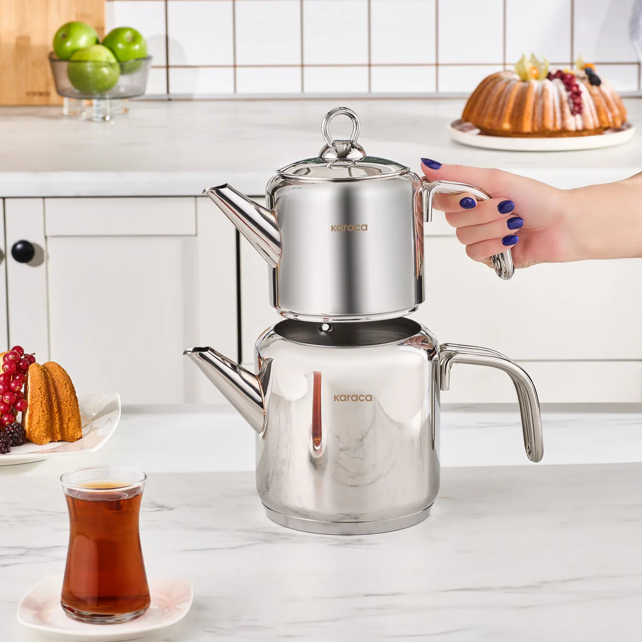 Karaca New Mani Paslanmaz Çelik Çaydanlık Takımı 1 Litre Demlik 2 Litre Suluk-mutfak urunleri-Prenseshome Leyweg-Prenseshome Leyweg