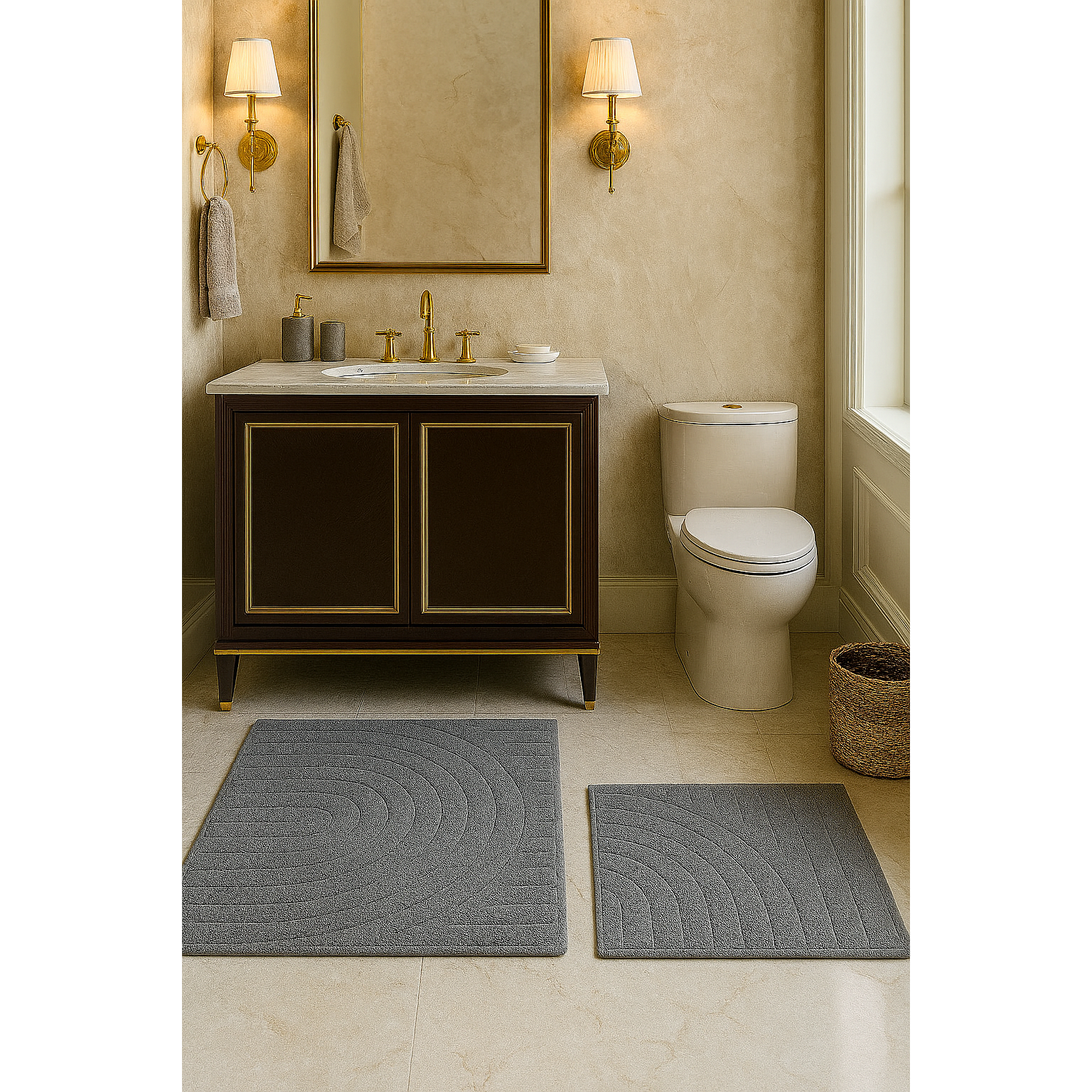 İpekçe Pamuklu 2’li Banyo Paspas Seti Sunset - Dikdörtgen (60x100 cm & 50x60 cm)-Banyo ürünleri-Prenseshome Leyweg-Gri-Prenseshome Leyweg