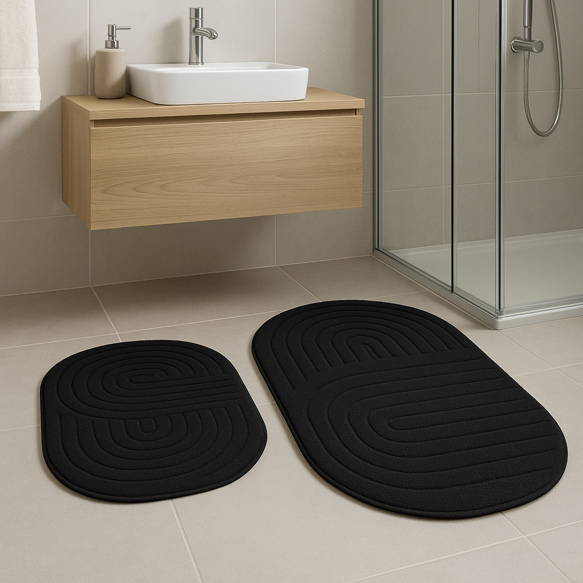 İpekçe Pamuklu 2’li Banyo Paspas Seti Erna - Oval (60x100 cm & 50x60 cm)-Prenseshome Leyweg-Siyah-Prenseshome Leyweg