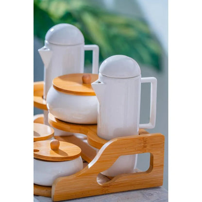 Pamira 6’lı Porselen Yağlık, Sirkelik ve Baharatlık Seti – Bambu Standlı-Sofra ürünleri-Prenseshome Leyweg-Prenseshome Leyweg