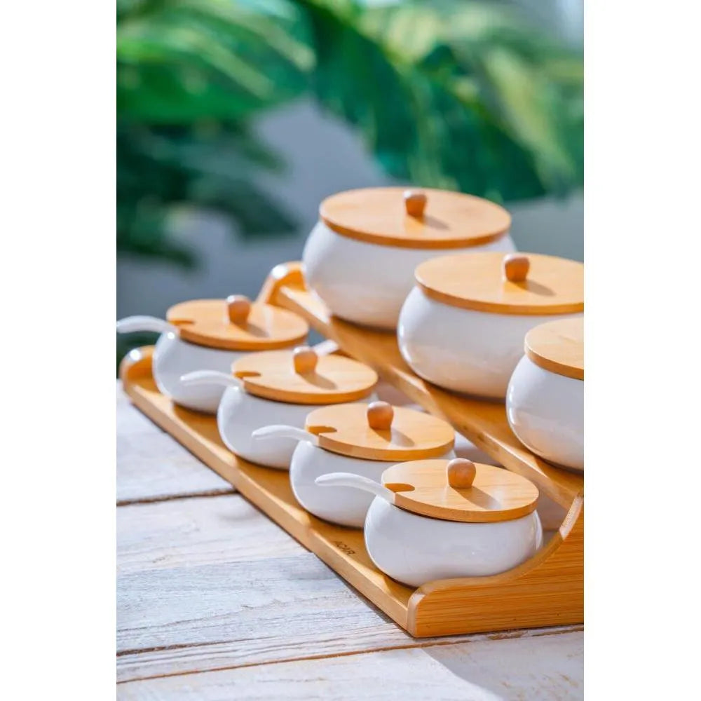 7 Parça Porselen Baharat Takımı Bambu Standlı-Sofra ürünleri-Prenseshome Leyweg-Prenseshome Leyweg